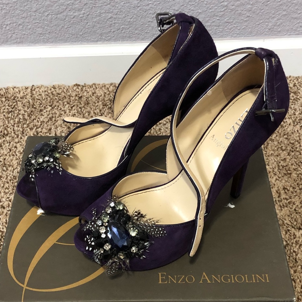 Jeweled purple suede ankle strap peep toe heels
